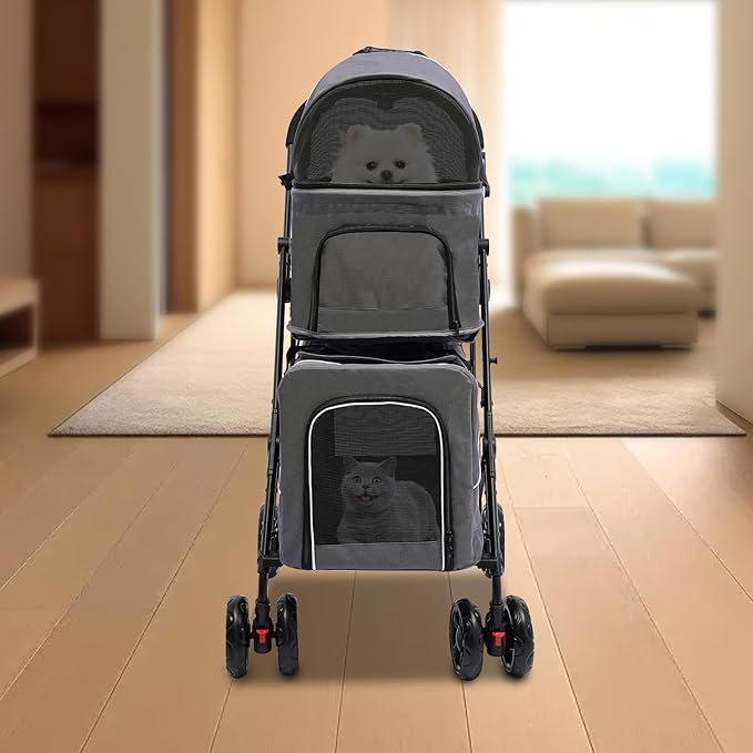 2 Tiers Pet Stroller,4 Wheel Dog Stroller Cat Strollers,3.07lbs Pet Gear Foldable Jogger Travel Cart,Grey Cat Carrying Cart with Storage Basket for Small Medium Pet (Grey)-PurrikoPets