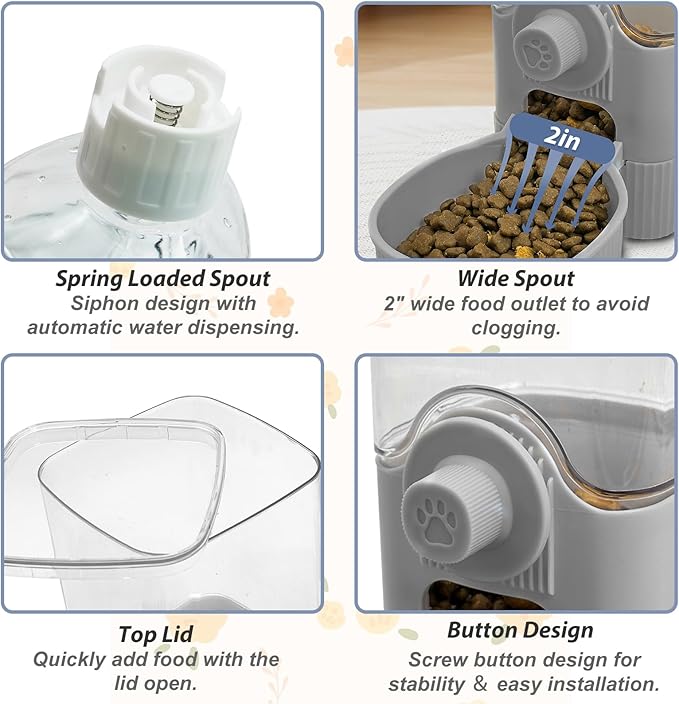 Fhiny Rabbit Food & Water Dispenser, Large Capacity Gravity Guinea Pig Feeder and Waterer Set Hanging Automatic Bunny Feeder for Cage for Bunny Guinea Pig Chinchilla Ferret Cat Puppy-PurrikoPets