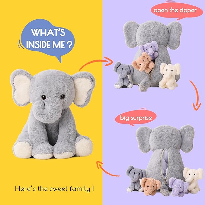 5 Pieces Elephant Stuffed Animals for Girls, 1 Mommy Elephant with 4 Babies Soft Plush Set Toys Gifts for Kids Children 3 4 5 6 7 8 9 Years, Christmas, Birthday, Children's Day-PurrikoPets