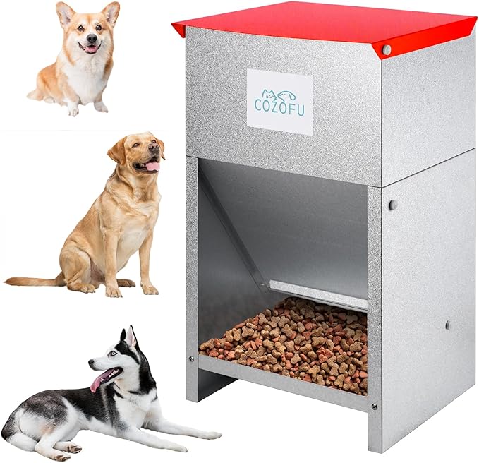 Dog Feeder - Galvanized Metal Pet Food Station for Indoor & Outdoor Use - Automatic Gravity-Fed Dispenser Suitable for Small, Medium, and Large Dog Breeds - Capacity: 25 Pounds of Dry Kibble-PurrikoPets