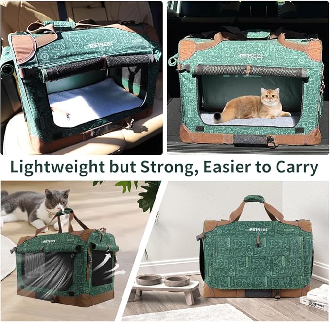 Extra Large Cat Carrier Soft Sided, Portable Small Dog Carrier for 2 Cats, 24"x16.5"x16" Car Travel Folding Comfortable Design, Green-PurrikoPets