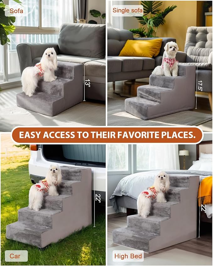 Dog Stairs for Small Dogs,17.5" 4-Step Pet Stairs for High Beds and Couches，Dog Steps with Non-Slip Bottom and High-Density Foam Indoor Outdoor,Grey-PurrikoPets