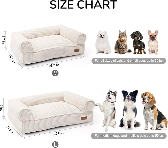 FUKUMARU Dog Couch Bed, Corduroy Cozy Cat Bed for Indoor Cats with Washable Cover, Supportive Waterproof Dog Beds Sofa for Small Dogs and Large Cats Cute, 28inch, Medium, Cream-PurrikoPets