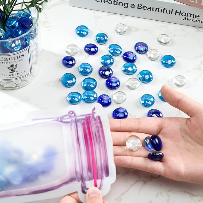 FUTUREPLUSX 1LB Iridescent Flat Glass Marbles, Blue Mixed Glass Beads Vase Fillers Decorative Gem Pebbles Sparkling Floral Fish Tank Rocks for Vases Table Scatter Aquarium Decor DIY Craft-PurrikoPets