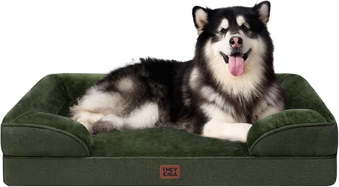 EHEYCIGA Orthopedic Dog Beds for Extra Large Dogs, Waterproof Memory Foam XXL Dog Bed with Sides, Non-Slip Bottom and Egg-Crate Foam Big Pet Couch Bed with Washable Removable Cover, Dark Green-PurrikoPets