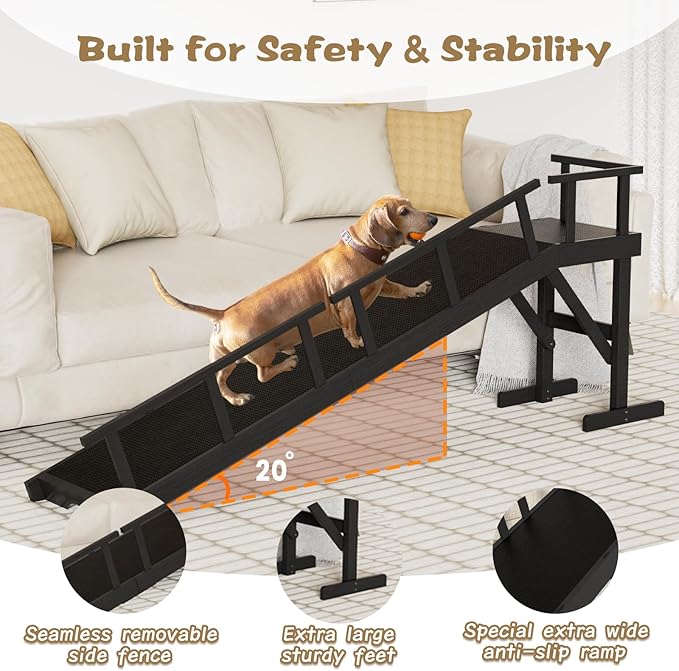 73" Dog Ramp for Bed, Pet Ramp with Removable Side Rail and Non-Slip Surface, Pet Ramp for Small & Large & Senior Dogs with Rest Platform and DIY Glow Strips,Dog Stairs for Couch, Black-PurrikoPets
