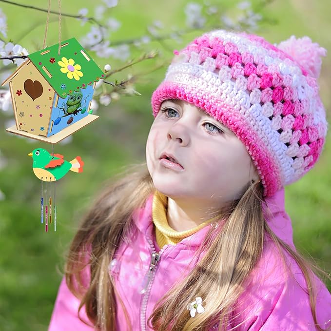 Fennoral 12 Pack Bird House Craft Kit for Kids Make You Own Bird Wind Chime Kit DIY Build and Paint Wooden Birdhouses Bird Feeder Art and Craft for Spring Yard Garden Outdoor Decoration-PurrikoPets