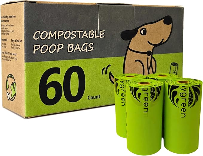 60 Count Compostable Dog Poop Bags, Extra Thick, Leak Proof, Unscented, Eco-Friendly, 9 x 13 Inches-PurrikoPets