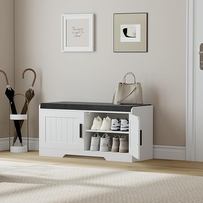 2-Tier Storage Bench, Shoe Bench with Thickened Padded Seat Cushion, Entryway Bench with 2 Doors, Adjustable Shelf, 13.8" D x 37.4" W x 18.5" H, for Entryway, Living Room, Bedroom, White-PurrikoPets