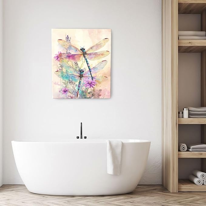 Dragonfly Bathroom Pictures Wall Art, Floral Bathroom Wall Decor, Framed Painting Canvas Artwork for Bedroom Living Room Decorations 24"L x 20"W-PurrikoPets