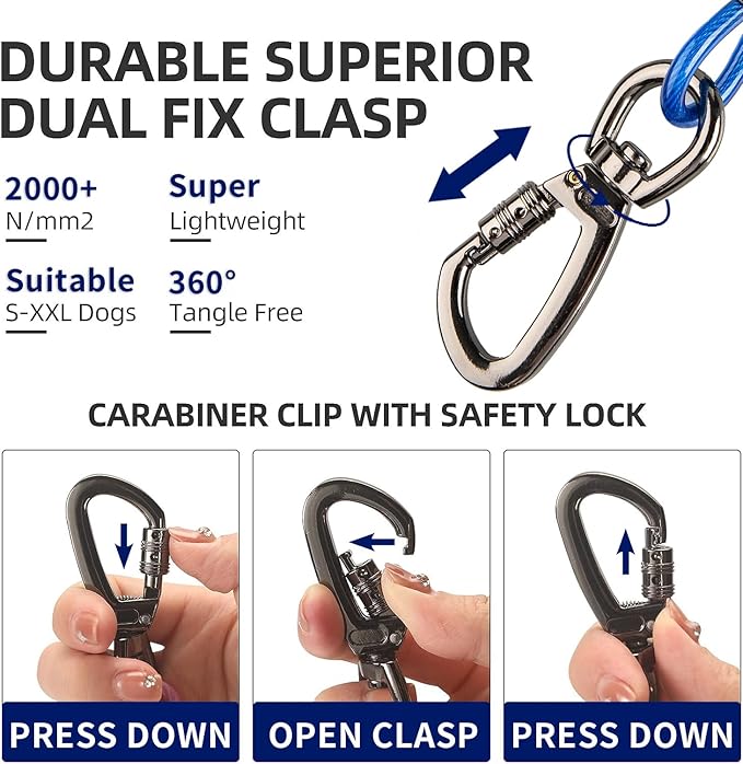 Dog Tie Out Cable, 50FT, Blue, Suitable for Dogs up to 350 pounds, Lightweight, Non-Winding, for Outdoor Use-PurrikoPets