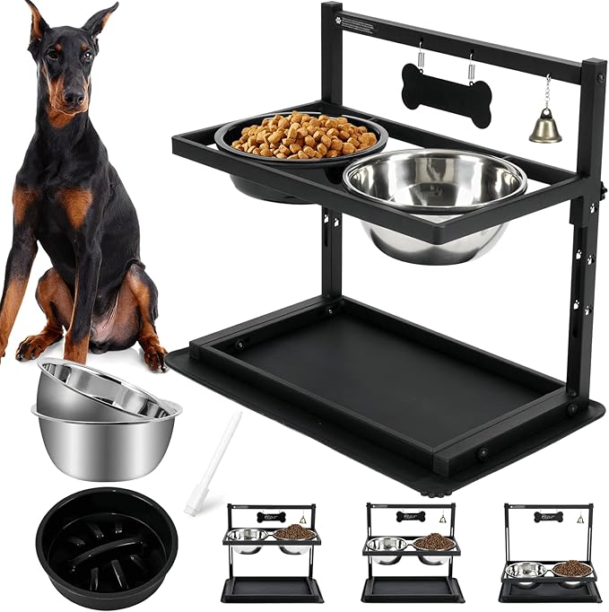 Elevated Dog Bowls with Slow Feeder for Large Dogs – Adjustable Raised Stand with 2 Stainless Steel Bowls & Spill-Proof Mat, Non-Slip Dog Feeder for Large & Medium Dogs (Black)-PurrikoPets