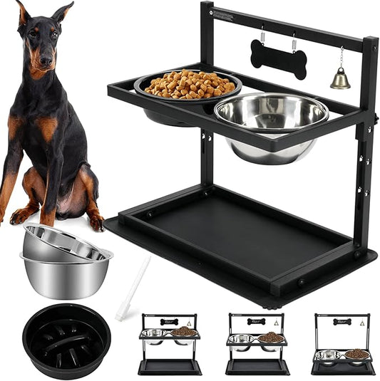Elevated Dog Bowls with Slow Feeder for Large Dogs – Adjustable Raised Stand with 2 Stainless Steel Bowls & Spill-Proof Mat, Non-Slip Dog Feeder for Large & Medium Dogs (Black)-PurrikoPets
