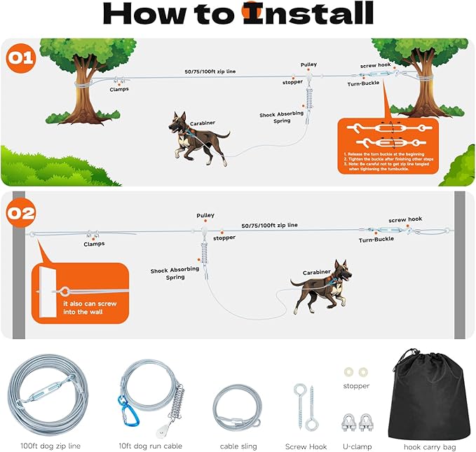 100ft Dog Runner for Yard Large Dog Heavy Duty with Double Shock Absorbers Tangle-Free Aerial Trolley System for Large Dogs Up to 250lbs(Silver)-PurrikoPets