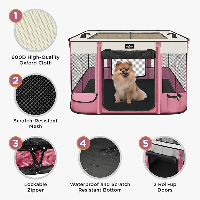 Foldable Pet Kitten Playpen, Upgrade Waterproof Portable Cat Dog Playpen Kennel Tent for Dog Cat, Removable Shade Cover with Free Carrying Case, Indoor Outdoor Use for Small Pet, Pink-PurrikoPets