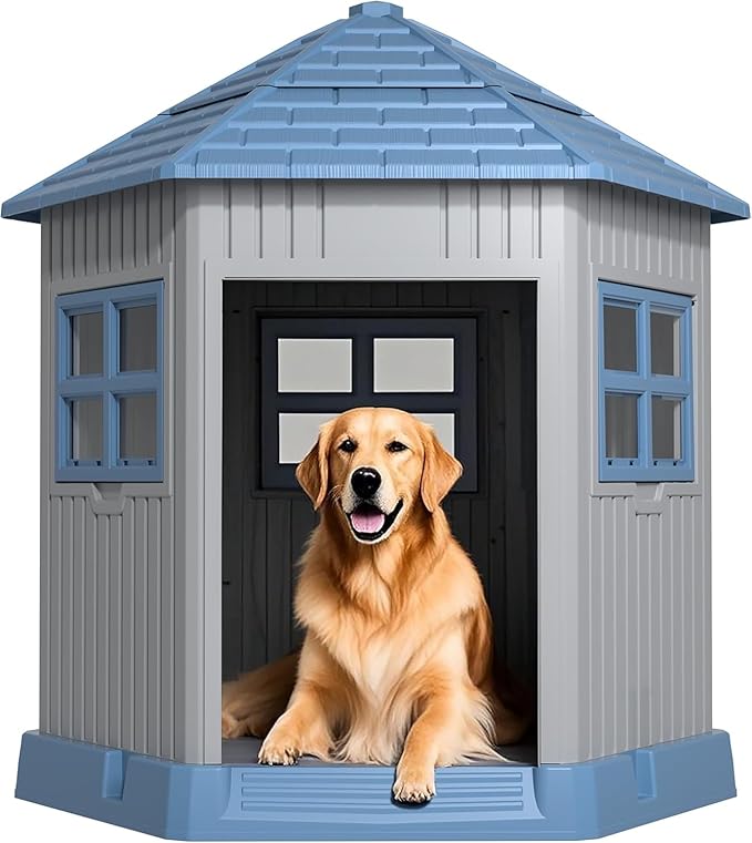 DRATO Dog House Indoor Outdoor Durable Large Dog Shelter with Outside Dog Kennel with Window and Elevated Floor for Small Medium Dogs (Blue, 34.8 * 30.51 * 36.89)-PurrikoPets