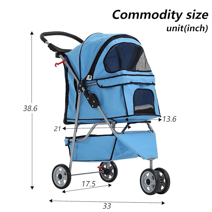 Dog Stroller,3 Wheels Travel Folding Pet Stroller for Small Medium Dog Cat Jogger Stroller with Storage Basket Removable Liner Blue-PurrikoPets