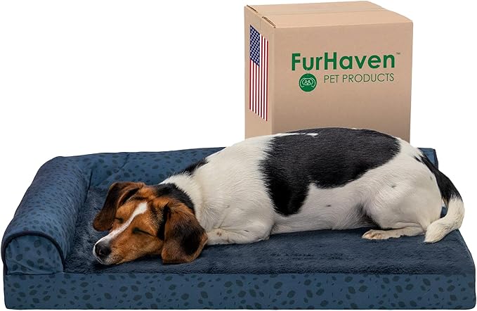 Furhaven Cooling Gel Dog Bed for Medium/Small Dogs w/ Removable Bolsters & Washable Cover, For Dogs Up to 35 lbs - Plush & Almond Print L Shaped Chaise - Blue Almonds, Medium-PurrikoPets