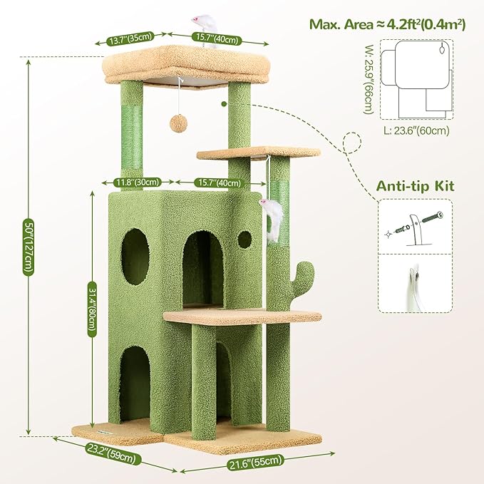 Globlazer Cactus Cat Tree Tower for Indoor Cats, 50-inch Adult Cat Tree House for Large Adult Cats with Steps, Scratching Post, 2 Cat Caves, Dangling Toys, FC50, Green-PurrikoPets