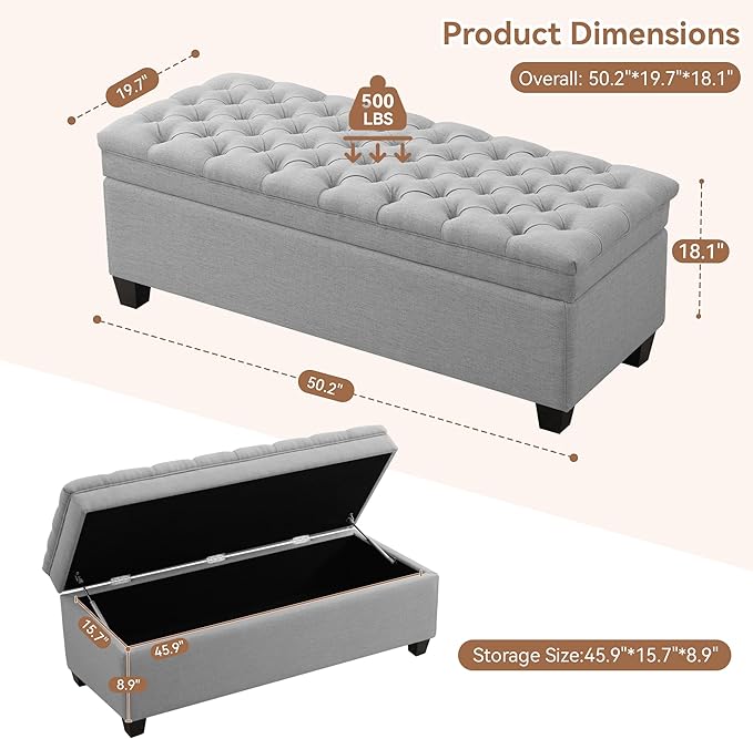 51" Fabric Storage Ottoman Bench, Upholstered Rectangle End of Bed Storage Ottoman Tufted Living Room Bedroom Bench with Safety Hinge, Solid Wood Legs, Loads 500 lb(Light Grey)-PurrikoPets