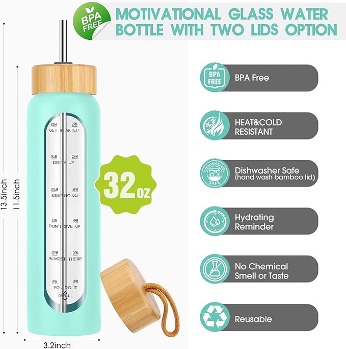 32 oz Glass Water Bottle with Straw - Motivational Time Marker & Silicone Sleeve - Reusable Tumbler Includes 2 Bamboo Lids & Fruit Infuser - 1 Pack-PurrikoPets