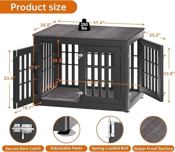 38" Heavy Duty Dog Crate Furniture for Small,Medium and Large Dogs,Rustic Wooden Dog Cage Kennel Indoor Furniture with Waterproof Top,Decorative Pet House Side End Table (Black & Grey)-PurrikoPets