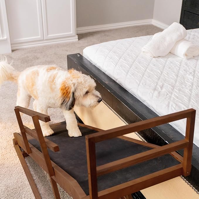 Dog Ramp for Bed, 5 Level Adjustable Dog Ramp for High Beds, Upgrade Rubber Mat High Traction Ramp with Safety Rails, Folding Pet Ramp for Bed, Couch,SUV, Natural Wood Pet Ramp for Small & Old Dogs-PurrikoPets