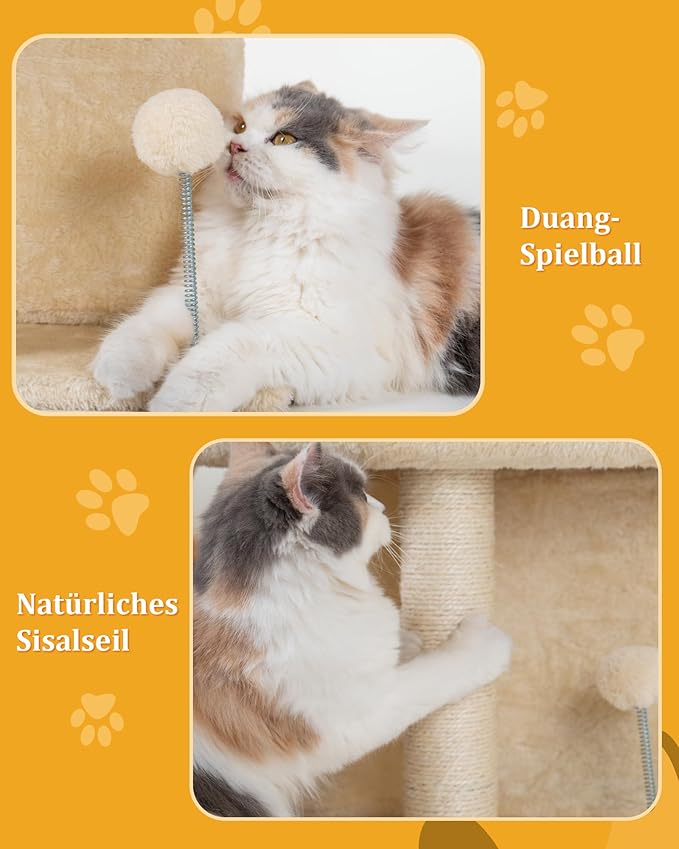 14in Cat Tree Tower with Large Perch, 20 * 16.5 Inch Top Bed for Adult Cats, Scratching Post with Bed for Kittens, Beige-PurrikoPets