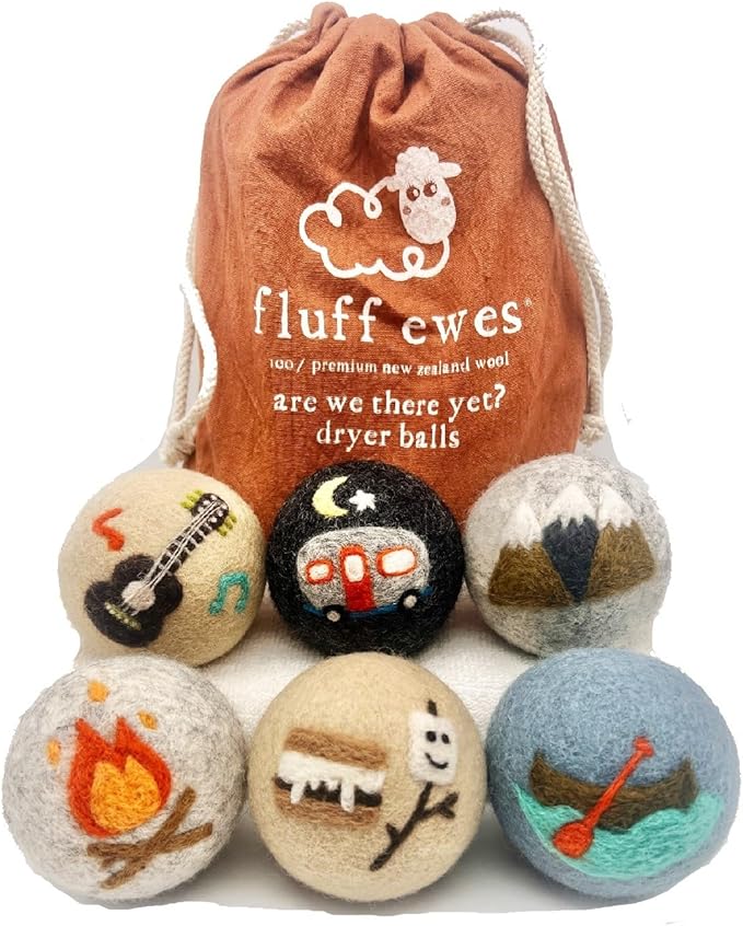 Fluff Ewes Wool Dryer Balls 6 Pack Premium New Zealand Wool Laundry Balls for Dryer, No Static Dryer Balls Laundry Reusable, XL Wool Dryer Balls Cute, Baby Dryer Balls for Dryers - are We There Yet-PurrikoPets