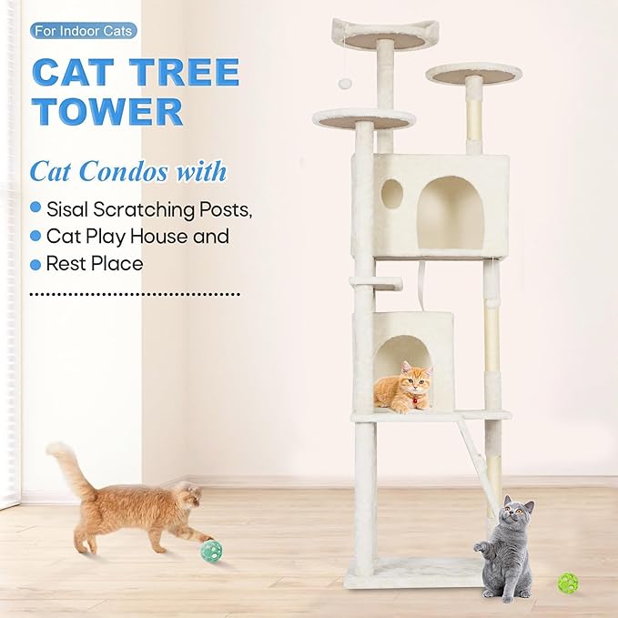 FDW Cat Tree Tower 62in Multi-Level Durable Cat Scratching Post & Cozy Fun Jumping Platform Space Saving Condo Pet Play House for Indoor Cats, Beige-PurrikoPets