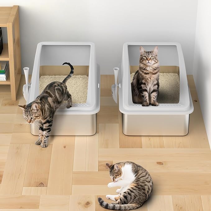 2 Pack Stainless Steel Litter Box | XL Enclosed Cat Litter Boxes with Lid for Big Cats and Multi-Cats | High Sided, Anti-Urine Leakage | Non-Stick Bottom（Silver Gray）-PurrikoPets