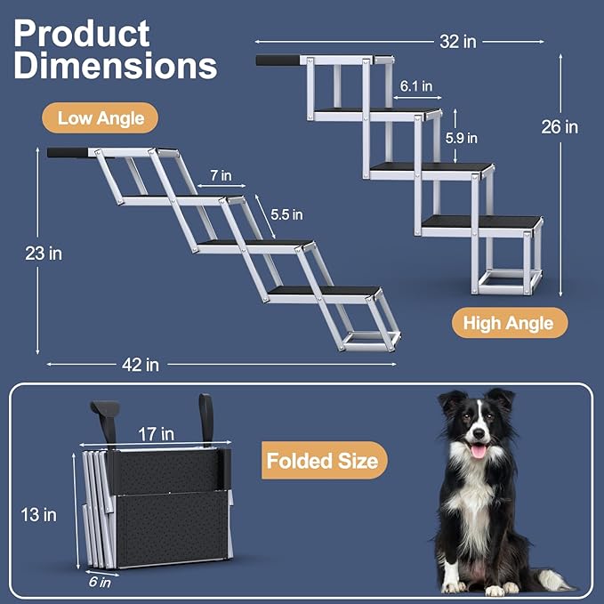 Dog Stairs for Car, Foldable Dog Ramp for Car with Non-Slip Surface, Portable Stairs Aluminum SUV, High Beds, Truck, Supports up to 150 lbs, 4 Steps-PurrikoPets
