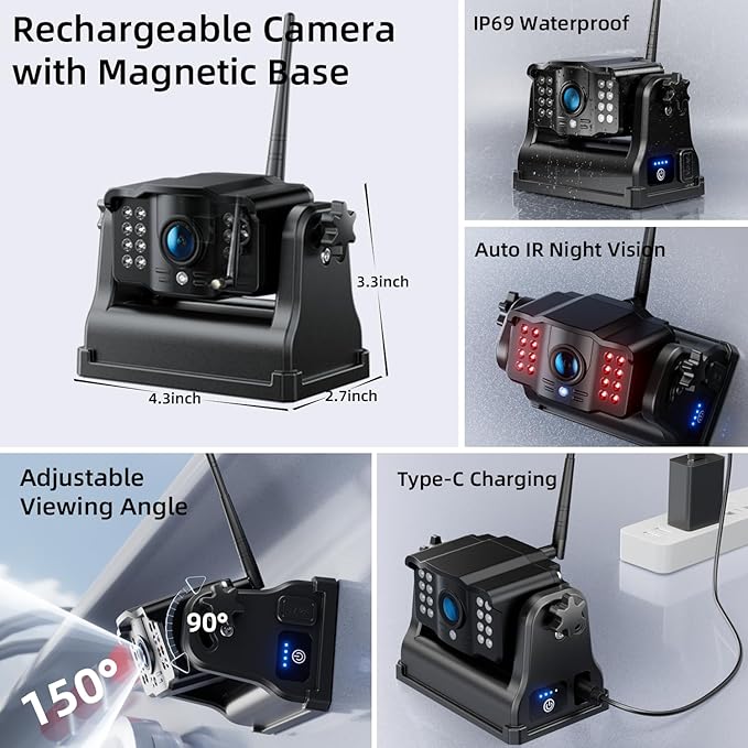 Fookoo HD Magnetic Wireless Backup Camera, 1080P 7" Dual Split Monitor & Rechargeable Rear View Cameras, Lower Consumption 1-Min Installation No Drilling Recording for RV Trailer Truck Camper DCX702-PurrikoPets