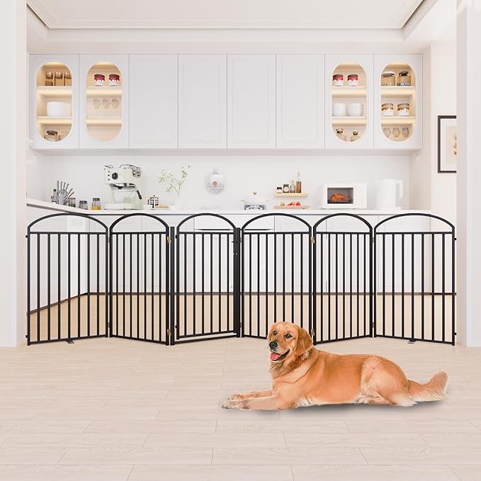 6 Panles Full Matel Freestanding Dog Gates with Door, 144"Extra Wide 36"Tall Free Standing Dog Pet Gate for Indoor & Outdoor. Foldable Pet Fences for Doorways, House, Stairs, Porch, Deck, Yard-PurrikoPets