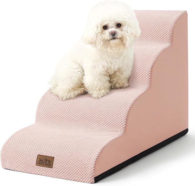 Dog Stairs for Small Dogs 19.7" H, Curved Dog Step for Puppy, Older or Cat, Medium Pet Ramp for Sofa, Couch or Bed, Ladder with High Density Foam, 15.7x28.3x19.7 inch, 4 Step, Pink-PurrikoPets