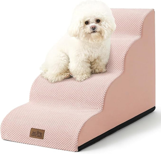 Dog Stairs for Small Dogs 19.7" H, Curved Dog Step for Puppy, Older or Cat, Medium Pet Ramp for Sofa, Couch or Bed, Ladder with High Density Foam, 15.7x28.3x19.7 inch, 4 Step, Pink-PurrikoPets