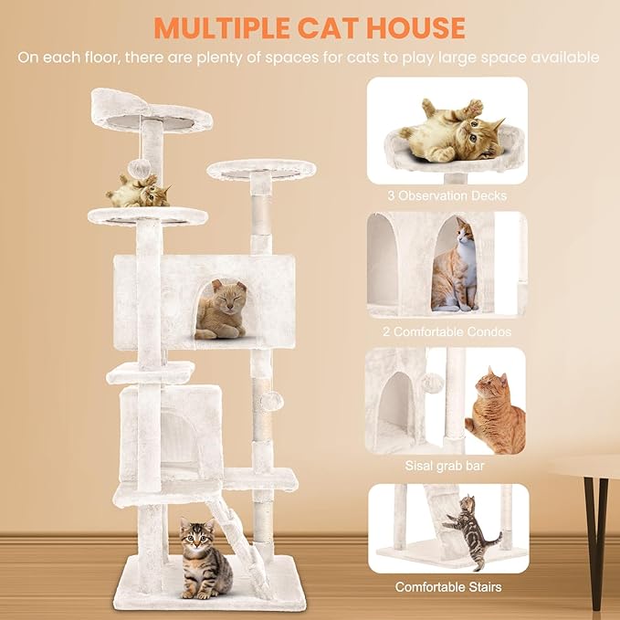 54.7 inches Cat Tower for Indoor Cats, Multi-Level Cat Condos with Scratching Posts, Hanging Toys, Beige-PurrikoPets