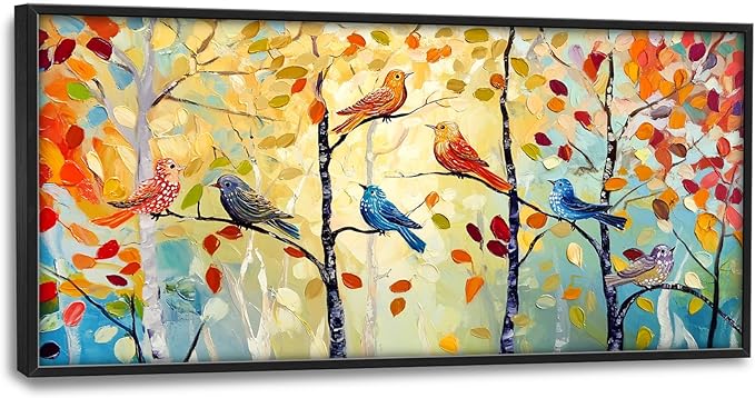 Extra Large Framed Abstract Bird Forest Wall Art,Colorful Birds Birch Tree Wall Decor Pictures for Living Room,Canvas Print Painting Modern Artwork Bedroom Office Bathroom Home Decor 60L x 30W-PurrikoPets
