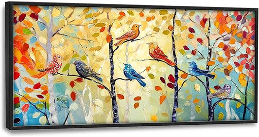 Extra Large Framed Abstract Bird Forest Wall Art,Colorful Birds Birch Tree Wall Decor Pictures for Living Room,Canvas Print Painting Modern Artwork Bedroom Office Bathroom Home Decor 60L x 30W-PurrikoPets