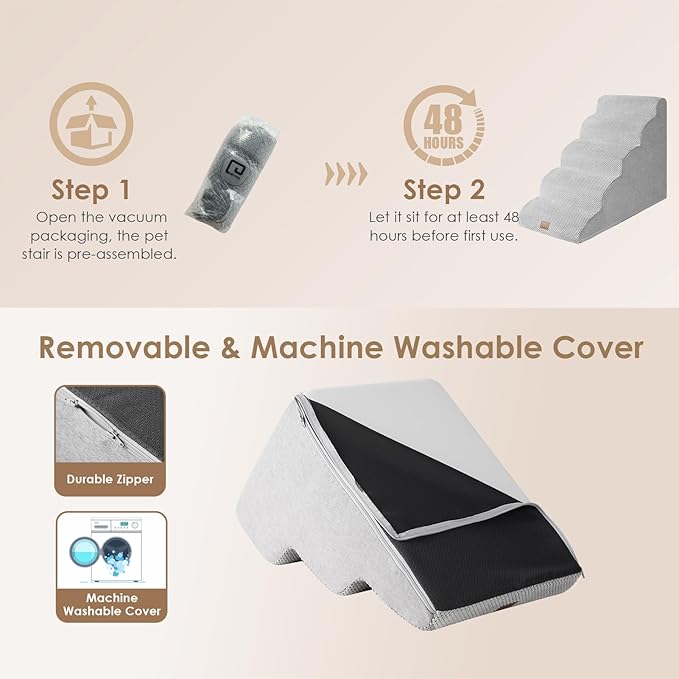 EHEYCIGA Curved Dog Stairs Ramp for High Beds 22.6" H, 5-Step Dog Steps for Small Dogs and Cats, Pet Stairs for High Bed Climbing, Non-Slip Balanced Pet Step Indoor, Light Grey-PurrikoPets