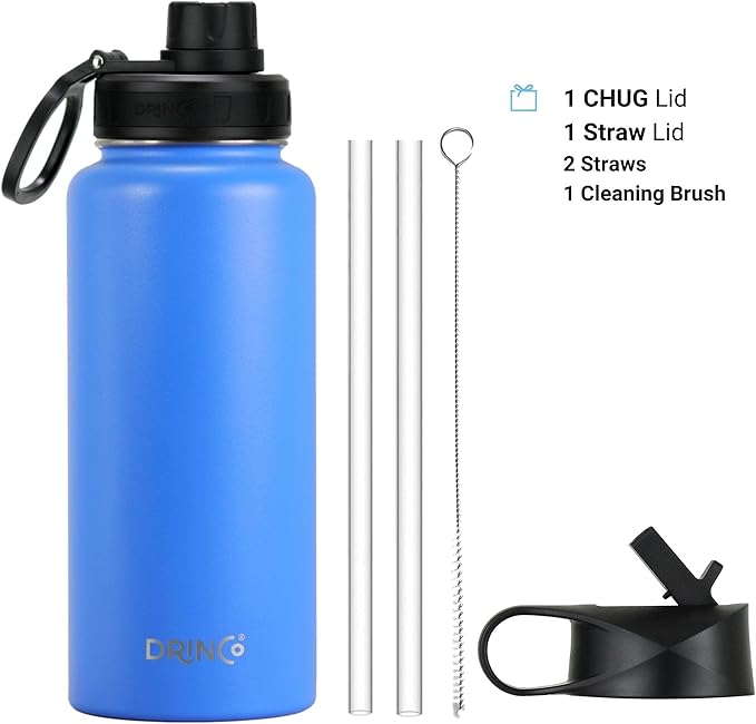 DRINCO Stainless Steel Water Bottle Spout Lid Vacuum Insulated Double Wall Water Bottle Wide Mouth (40oz 32oz 22oz 18oz 14oz) Leak Proof Keep Cold Sport Camping Hiking (32 oz, 32oz Royal Blue)-PurrikoPets