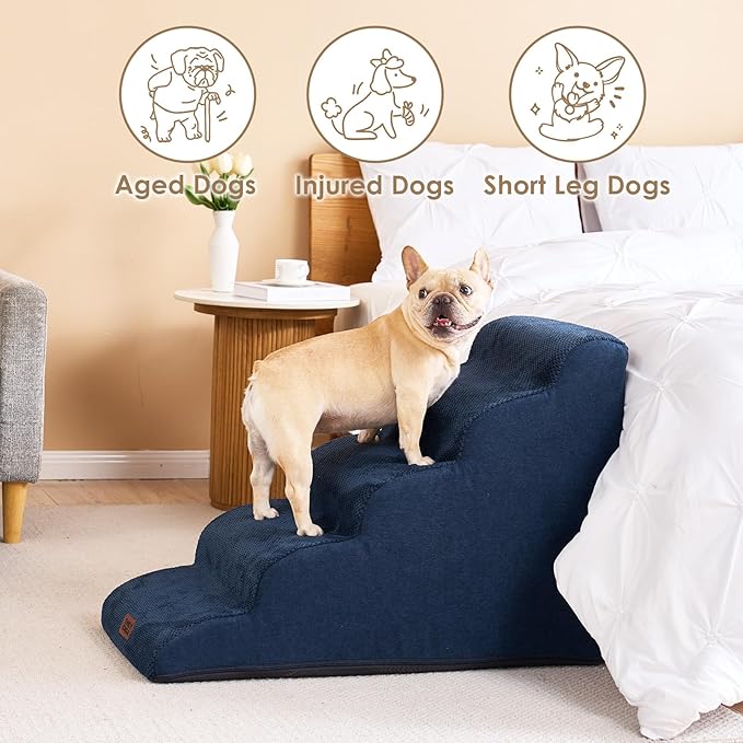 EHEYCIGA Curved Dog Stairs Ramp for High Beds 22.6" H, 5-Step Dog Steps for Small Dogs and Cats, Pet Stairs for High Bed Climbing, Non-Slip Balanced Pet Step Indoor, Navy-PurrikoPets
