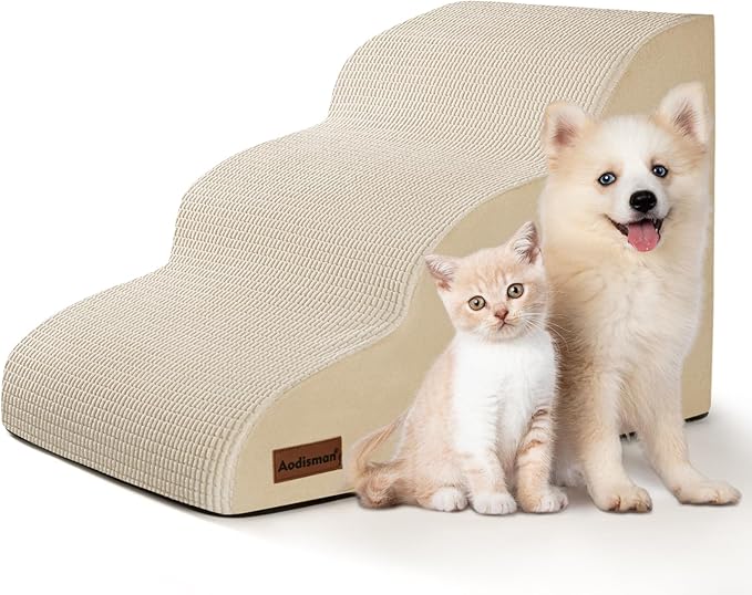 3-Step Dog Ramp and Stairs for Sofa and Chair - Non-Slip Sturdy Pet Steps for Small Dogs and Cats,15.7" H,Beige-PurrikoPets
