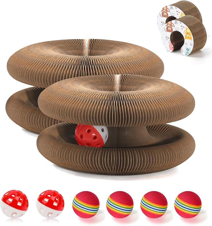 2 PCS Magic Organ Cat Scratcher Board with 6 Balls, Foldable Recyclable Accordion Cats Toy with Ball and Track Adventure, Cat Scratching Pad, Retractable Reversible Furniture Protector(Brown)-PurrikoPets