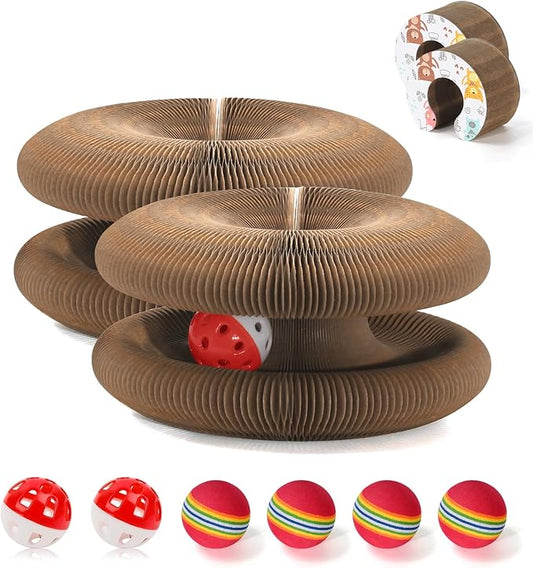 2 PCS Magic Organ Cat Scratcher Board with 6 Balls, Foldable Recyclable Accordion Cats Toy with Ball and Track Adventure, Cat Scratching Pad, Retractable Reversible Furniture Protector(Brown)-PurrikoPets