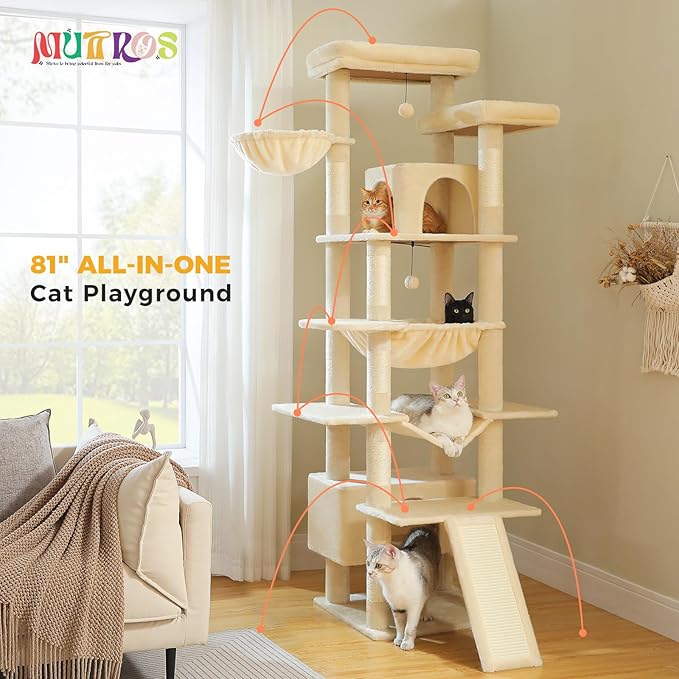 81" Heavy Duty Cat Tree for Large Cats up to 20lbs - Extra Tall Cat Tower with Metal Frame Hammock, 6 Sisal Scratching Posts, 2 Perches - Indoor Cat Furniture for Maine Coon, Big Cats, Beige-PurrikoPets