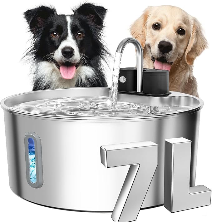 Dog Water Fountain Stainless Steel: 7L/236oz Cordless Large Dog Water Bowl Dispenser Automatic Cat Pet Water Fountain Indoor with Deeper Drinking Area, Multi-Pet Water Fountain with Ultra-Quiet Pump-PurrikoPets