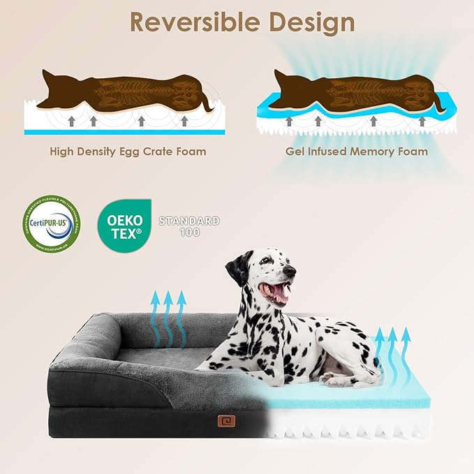 EHEYCIGA Memory Foam XL Dog Bed for XLarge Sized, Extra Large Orthopedic Dog Sofa with Sides and Waterproof Liner, Washable Bolster Pet Bed Couch with Removable Cover, 42x30x7.5 Inch, Grey/Black-PurrikoPets