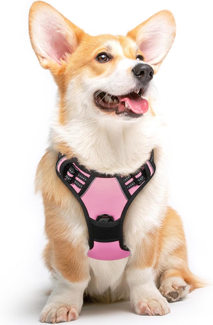 Eagloo Dog Harness Medium Sized Dog, No Pull Service Vest with Reflective Strips and Control Handle, Adjustable and Comfortable for Walking, No Choke Pet Harness with 2 Metal Rings, Pink, M-PurrikoPets