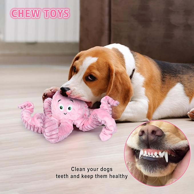 Dog Squeaky Toys Octopus - Tough Plush Large Medium & Small Dog Toys - Stuffed Animals Puppy Toys (Octopus Pink)-PurrikoPets